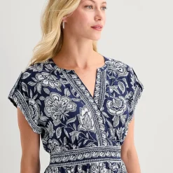 5th + Madison Edit Womens Petite Midi V Neck Sleeveless Cuffed Abstract Fit + Flare Dress