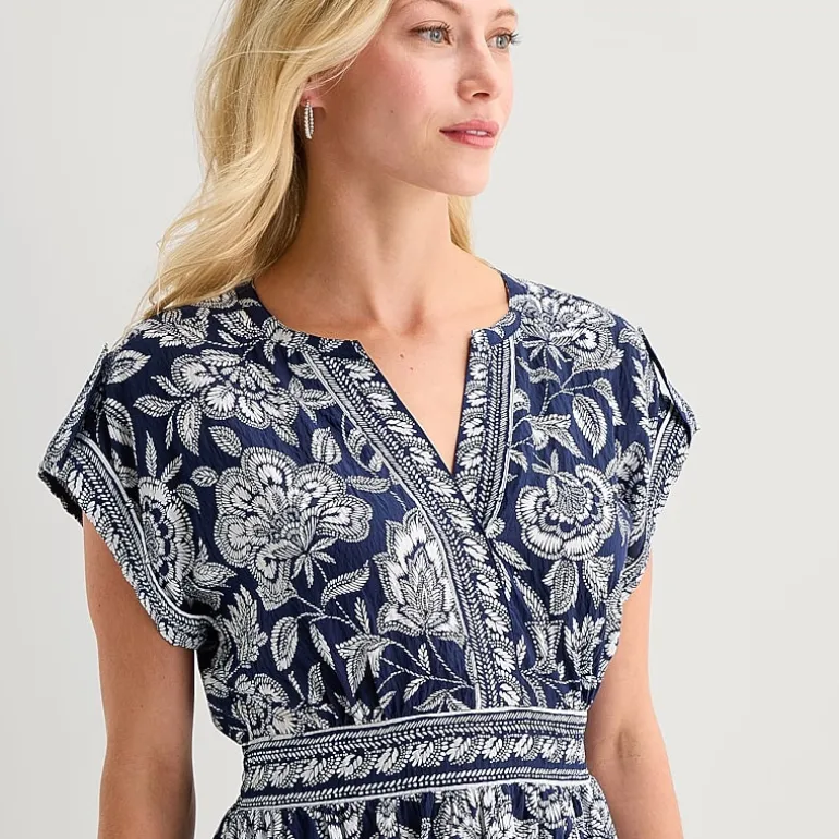 5th + Madison Edit Womens Petite Midi V Neck Sleeveless Cuffed Abstract Fit + Flare Dress