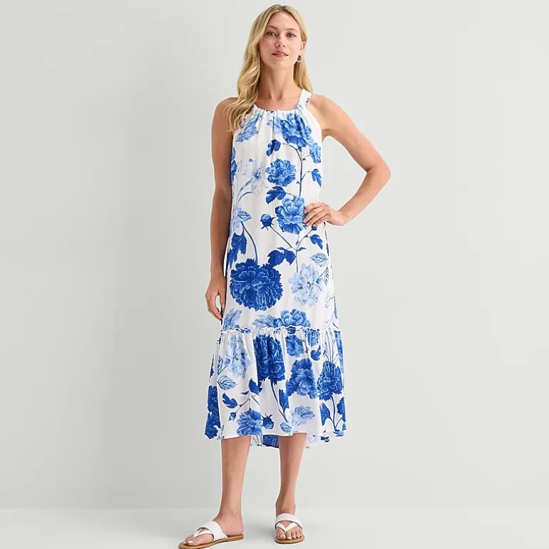 5th + Madison Edit Womens Petite Midi Round Neck Sleeveless Floral Fit + Flare Dress