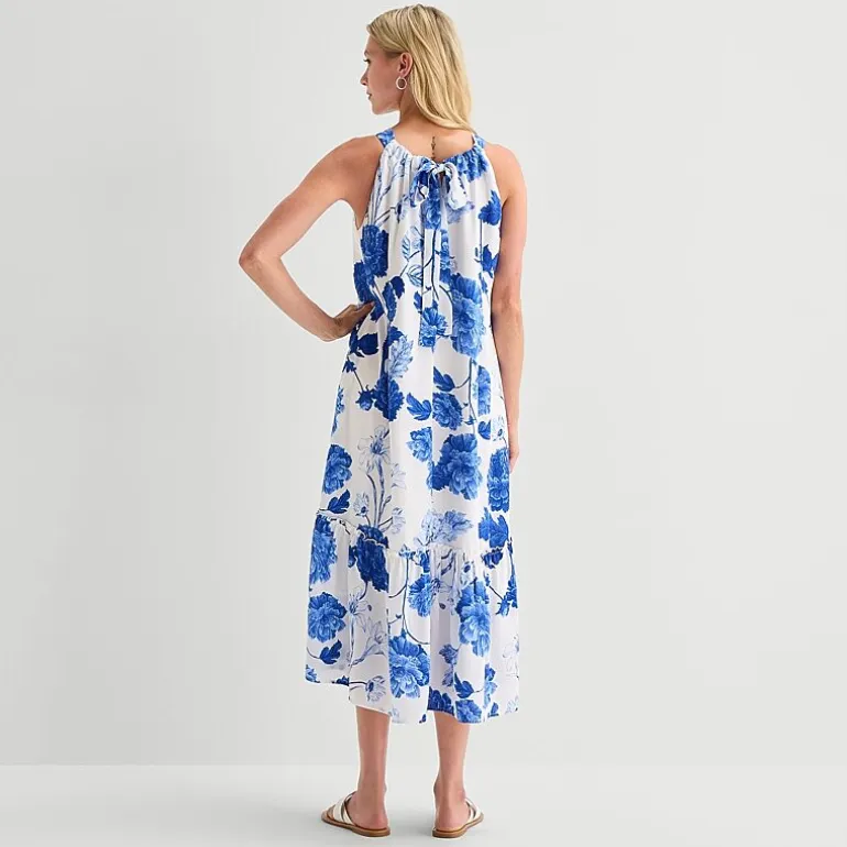 5th + Madison Edit Womens Petite Midi Round Neck Sleeveless Floral Fit + Flare Dress