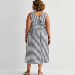 5th + Madison Edit Womens Plus Midi V Neck Sleeveless Plaid Fit + Flare Dress