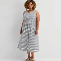 5th + Madison Edit Womens Plus Midi V Neck Sleeveless Plaid Fit + Flare Dress