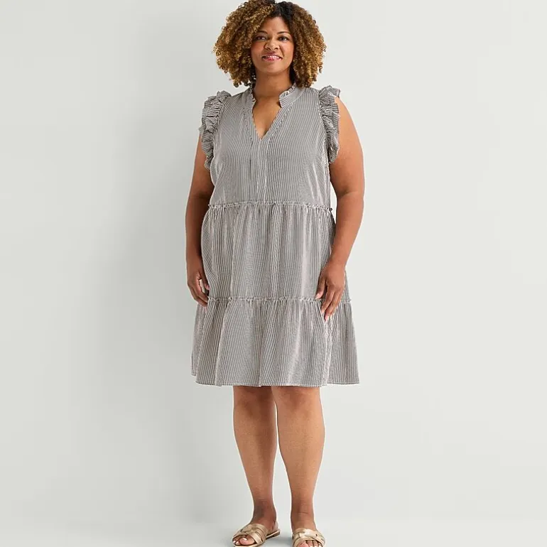 5th + Madison Edit Womens Plus Sleeveless Striped Shirt Dress