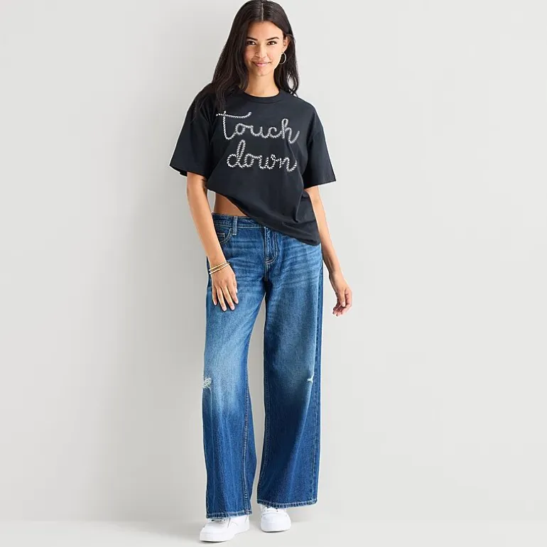 Touch Down Cropped Tee Womens Juniors Crew Neck Short Sleeve Regular Fit Graphic T-Shirt