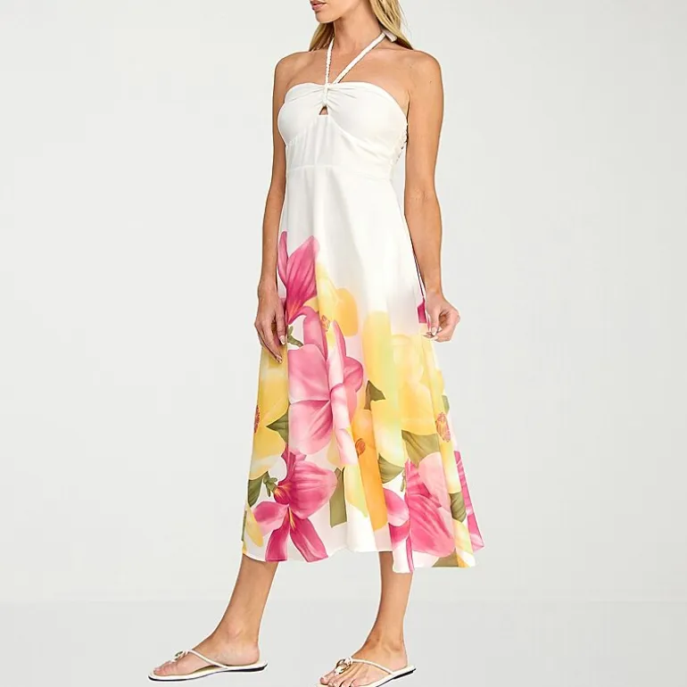 Trixxi Womens Juniors Halter Neck Sleeveless Floral A-Line Dress