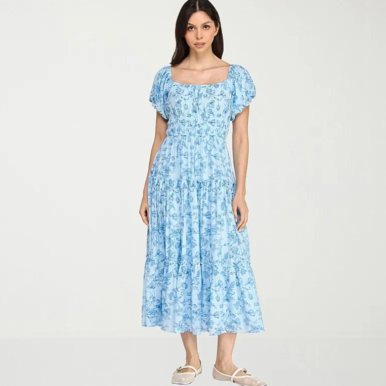 Trixxi Womens Juniors Midi Square Neck Short Sleeve Floral A-Line Dress