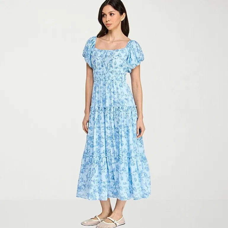 Trixxi Womens Juniors Midi Square Neck Short Sleeve Floral A-Line Dress