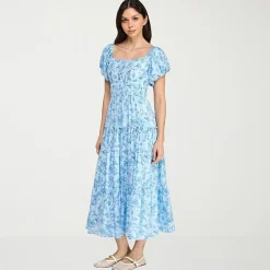 Trixxi Womens Juniors Midi Square Neck Short Sleeve Floral A-Line Dress