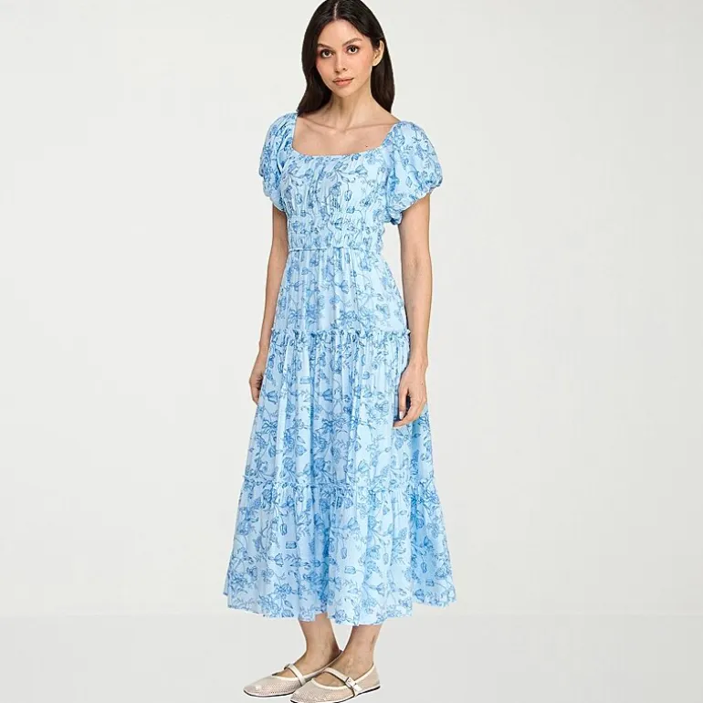 Trixxi Womens Juniors Midi Square Neck Short Sleeve Floral A-Line Dress