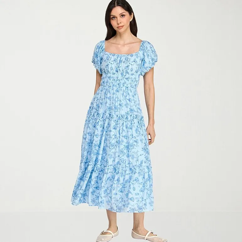 Trixxi Womens Juniors Midi Square Neck Short Sleeve Floral A-Line Dress