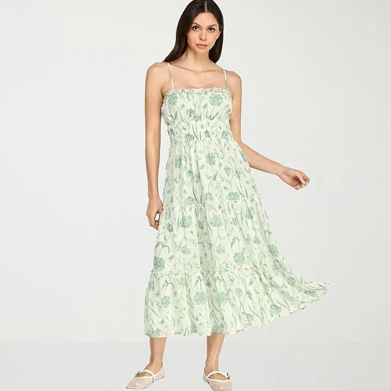 Trixxi Womens Juniors Midi Square Neck Sleeveless Floral A-Line Dress