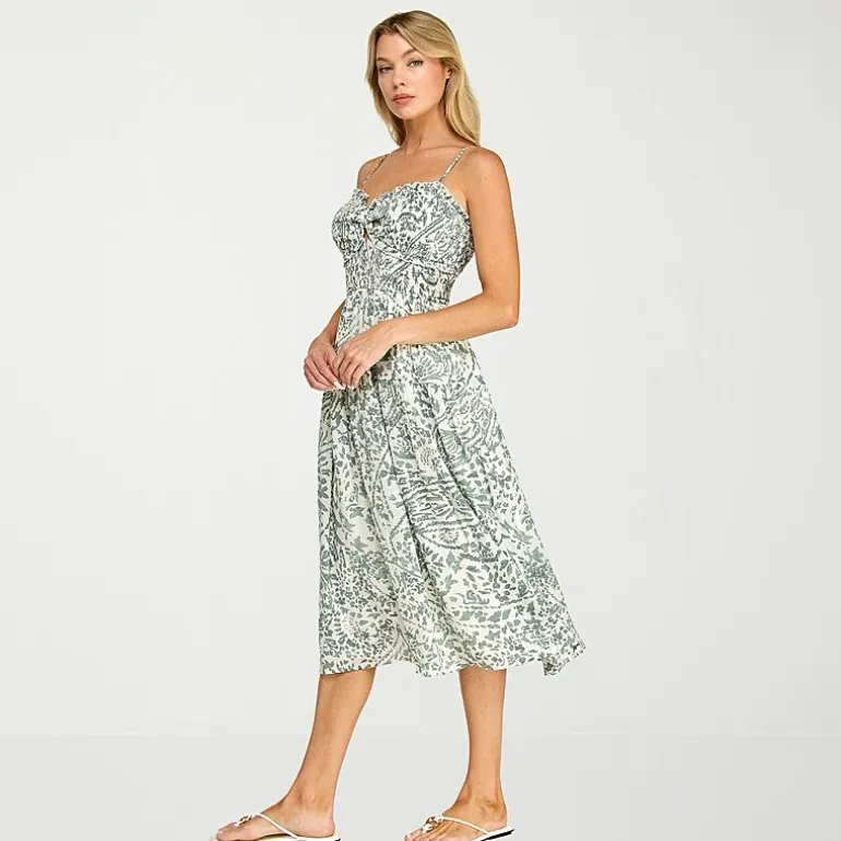 Trixxi Womens Juniors Midi Sweetheart Neck Sleeveless Leaf A-Line Dress