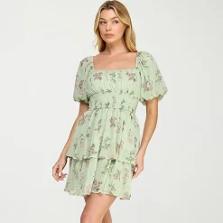 Trixxi Womens Juniors Straight Neck Short Sleeve Puffed Floral Fit + Flare Dress