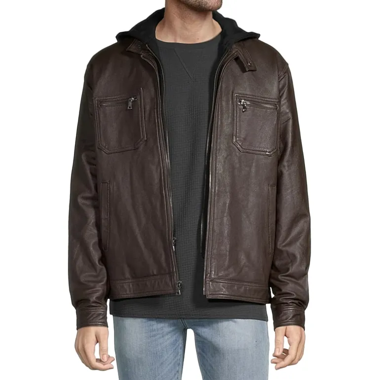 Vintage Leather Racing Jacket With Detachable Hood
