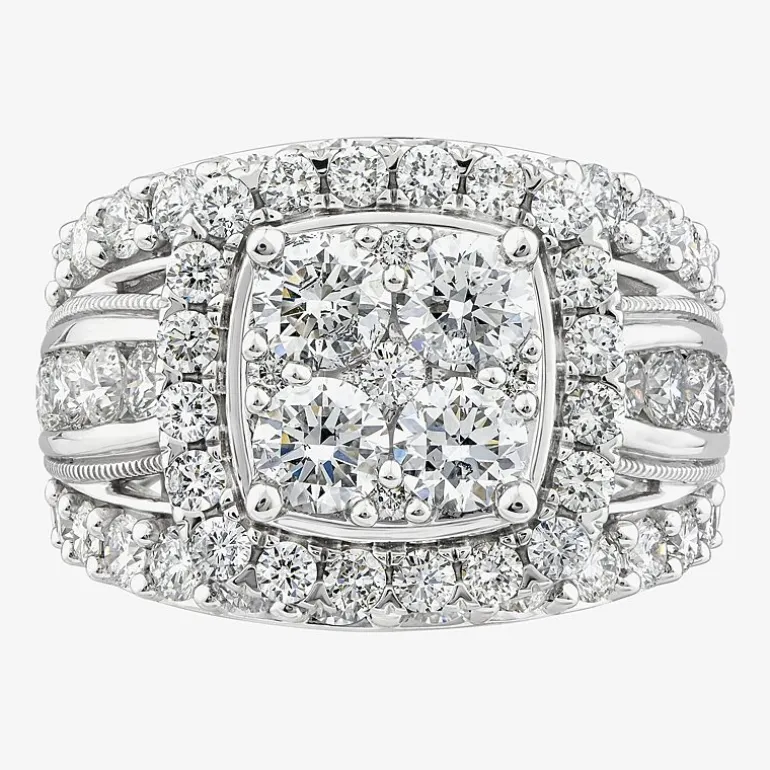 (Vs2) Womens 4 CT. T.W. Lab Grown White Diamond 10K Gold Cushion Side Stone Engagement Ring