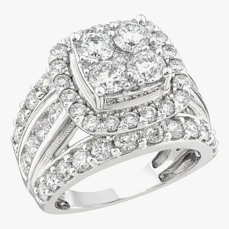 (Vs2) Womens 4 CT. T.W. Lab Grown White Diamond 10K Gold Cushion Side Stone Engagement Ring