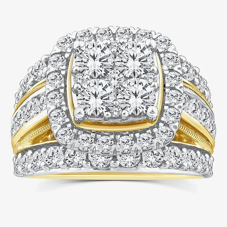 (Vs2) Womens 4 CT. T.W. Lab Grown White Diamond 10K Gold Cushion Side Stone Engagement Ring