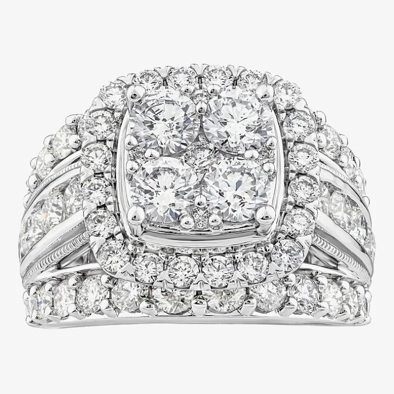 (Vs2) Womens 4 CT. T.W. Lab Grown White Diamond 10K Gold Cushion Side Stone Engagement Ring