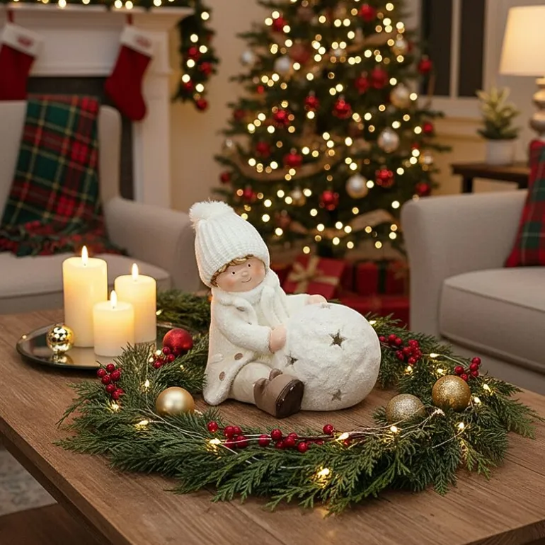 12.5'' White Christmas Snowball with Sitting Boy Tealight Candle Holder