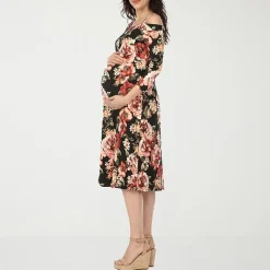 White Mark Maternity Womens Maternity Midi Scoop Neck 3/4 Sleeve Cold Shoulder Maxi Dress