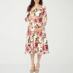White Mark Maternity Womens Maternity Midi Scoop Neck 3/4 Sleeve Cold Shoulder Maxi Dress