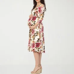 White Mark Maternity Womens Maternity Midi Scoop Neck 3/4 Sleeve Cold Shoulder Maxi Dress