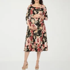 White Mark Maternity Womens Maternity Midi Scoop Neck 3/4 Sleeve Cold Shoulder Maxi Dress
