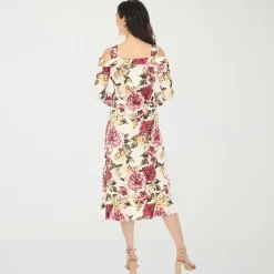White Mark Maternity Womens Maternity Midi Scoop Neck 3/4 Sleeve Cold Shoulder Maxi Dress