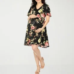 White Mark Maternity Womens Maternity V Neck Short Sleeve Floral A-Line Dress