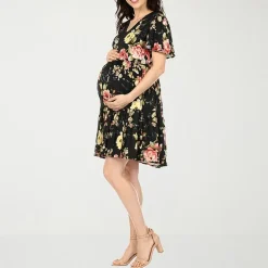 White Mark Maternity Womens Maternity V Neck Short Sleeve Floral A-Line Dress