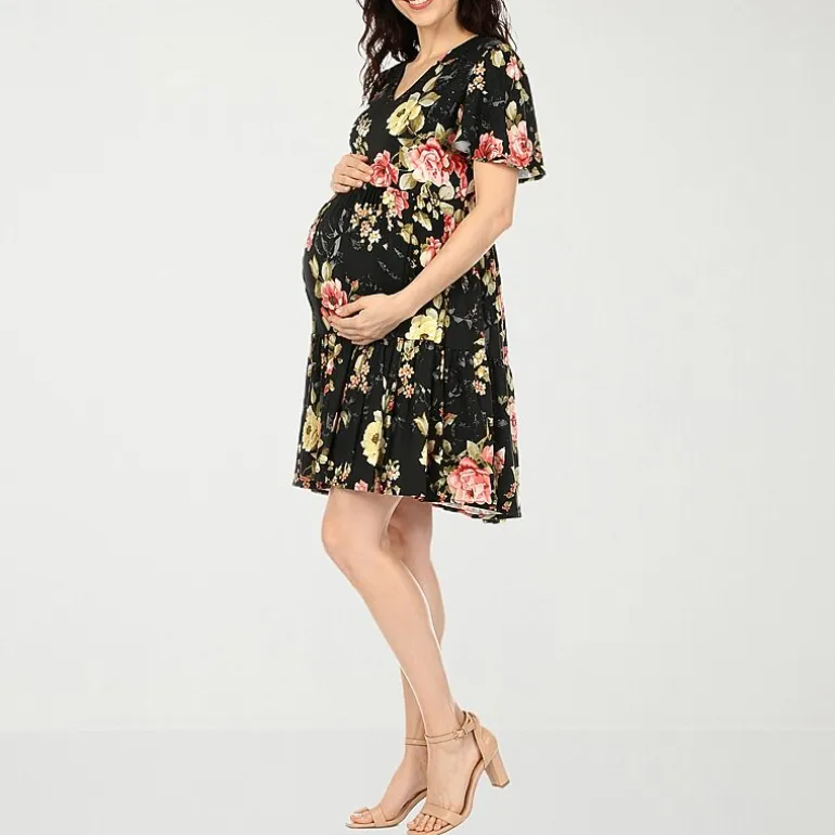 White Mark Maternity Womens Maternity V Neck Short Sleeve Floral A-Line Dress