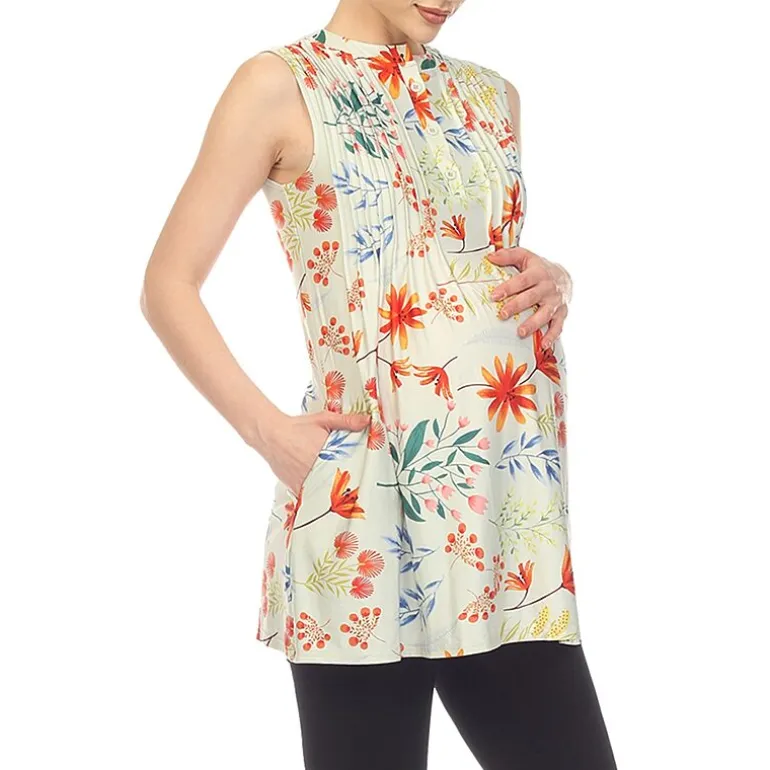 White Mark Maternity Womens Round Neck Sleeveless Tunic Top