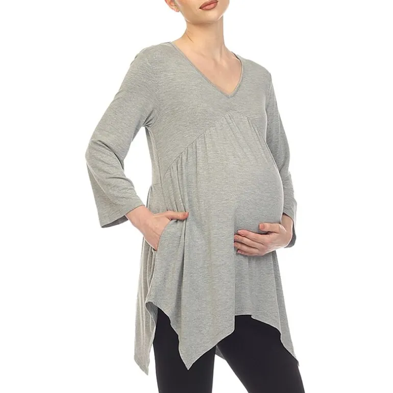 White Mark Maternity Womens V Neck Long Sleeve Tunic Top