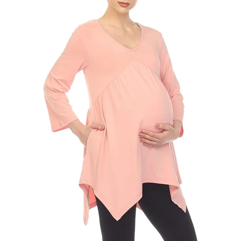 White Mark Maternity Womens V Neck Long Sleeve Tunic Top