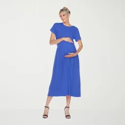 White Mark Womens Maternity Crew Neck Short Sleeve Fitted Maxi Dress