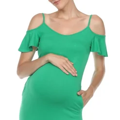 White Mark Womens Maternity Halter Neck Short Sleeve Cold Shoulder Maxi Dress