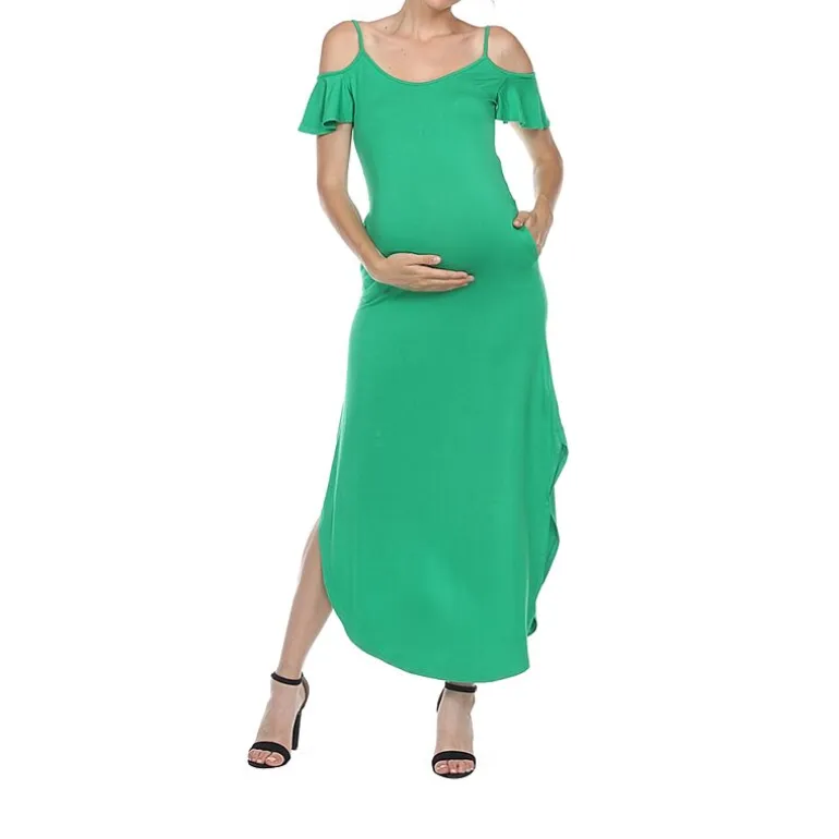 White Mark Womens Maternity Halter Neck Short Sleeve Cold Shoulder Maxi Dress