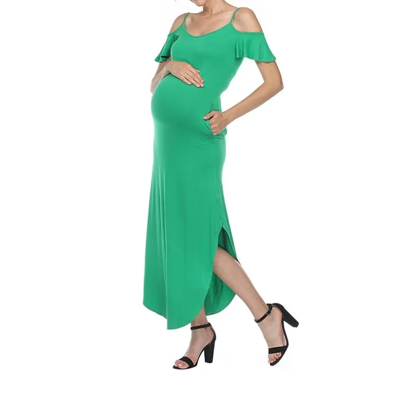 White Mark Womens Maternity Halter Neck Short Sleeve Cold Shoulder Maxi Dress