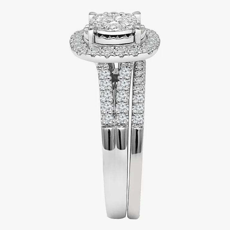 Womens 1 CT. T.W. Lab Grown White Diamond 10K or 14K White Gold Cushion Side Stone Halo Bridal Set