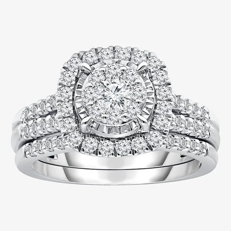 Womens 1 CT. T.W. Lab Grown White Diamond 10K or 14K White Gold Cushion Side Stone Halo Bridal Set
