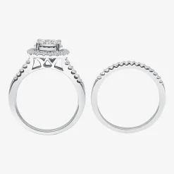 Womens 1 CT. T.W. Lab Grown White Diamond 10K or 14K White Gold Cushion Side Stone Halo Bridal Set
