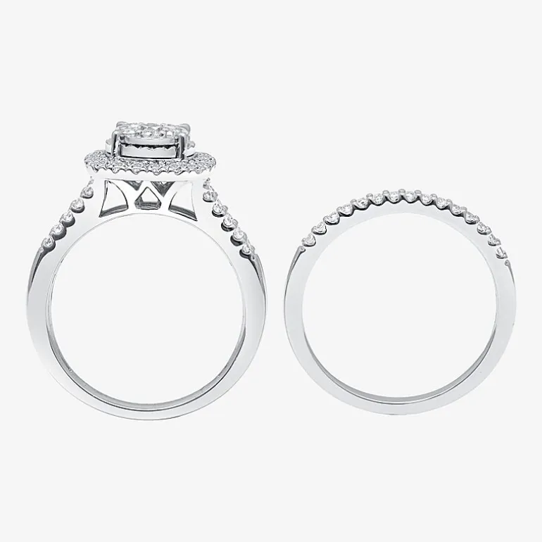 Womens 1 CT. T.W. Lab Grown White Diamond 10K or 14K White Gold Cushion Side Stone Halo Bridal Set