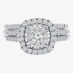 Womens 1 CT. T.W. Lab Grown White Diamond 10K or 14K White Gold Cushion Side Stone Halo Bridal Set