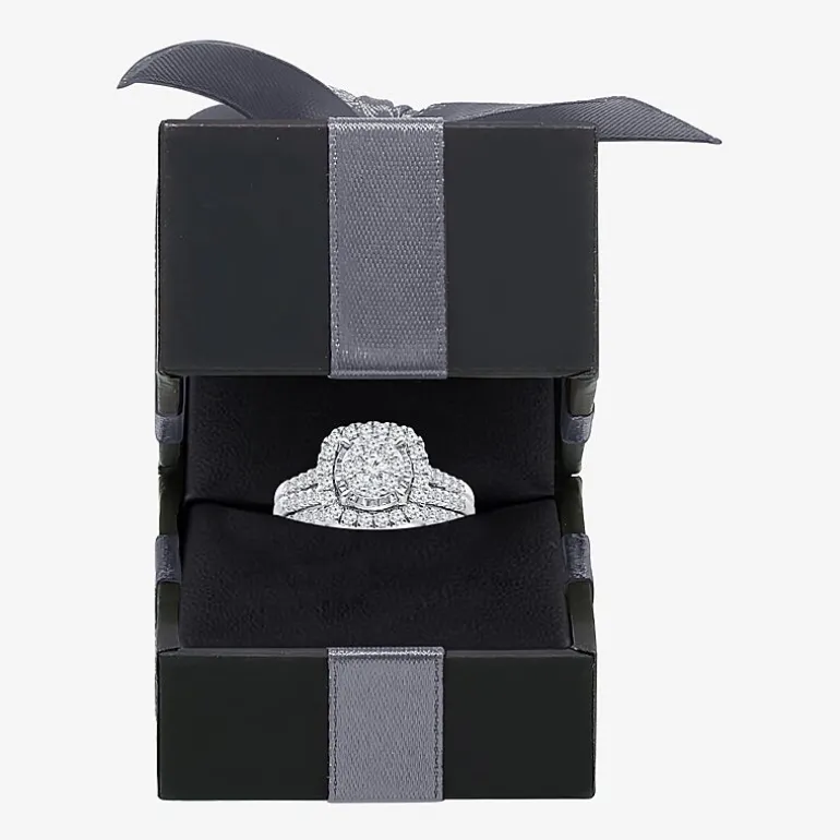Womens 1 CT. T.W. Lab Grown White Diamond 10K or 14K White Gold Cushion Side Stone Halo Bridal Set