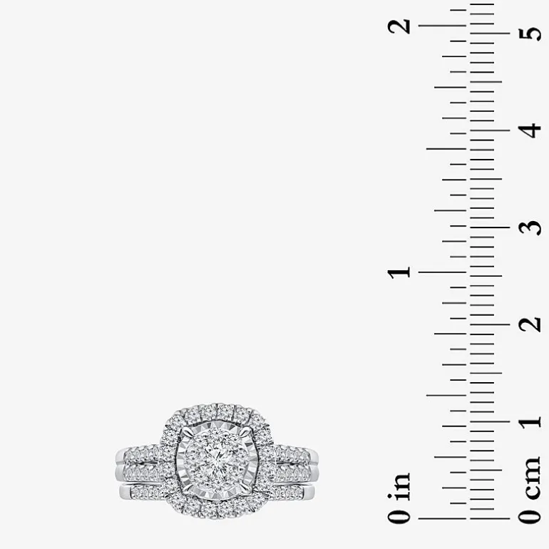 Womens 1 CT. T.W. Lab Grown White Diamond 10K or 14K White Gold Cushion Side Stone Halo Bridal Set