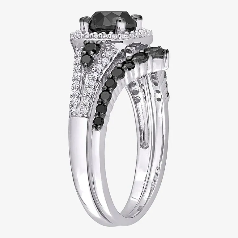 Womens 1 1/2 CT. T.W. Natural Black Diamond 10K Gold Cushion Side Stone Halo Bridal Set