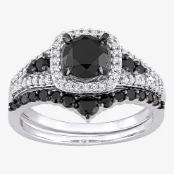 Womens 1 1/2 CT. T.W. Natural Black Diamond 10K Gold Cushion Side Stone Halo Bridal Set