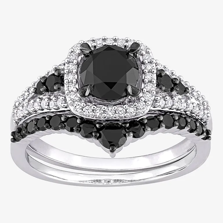 Womens 1 1/2 CT. T.W. Natural Black Diamond 10K Gold Cushion Side Stone Halo Bridal Set