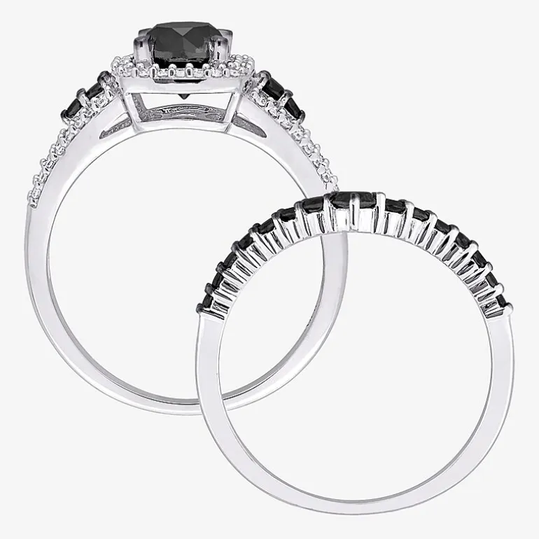Womens 1 1/2 CT. T.W. Natural Black Diamond 10K Gold Cushion Side Stone Halo Bridal Set