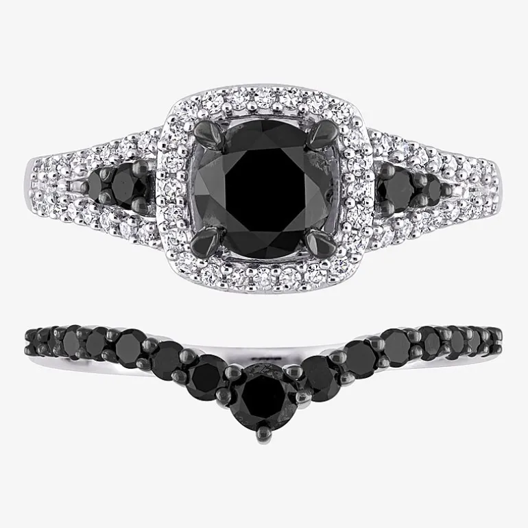 Womens 1 1/2 CT. T.W. Natural Black Diamond 10K Gold Cushion Side Stone Halo Bridal Set